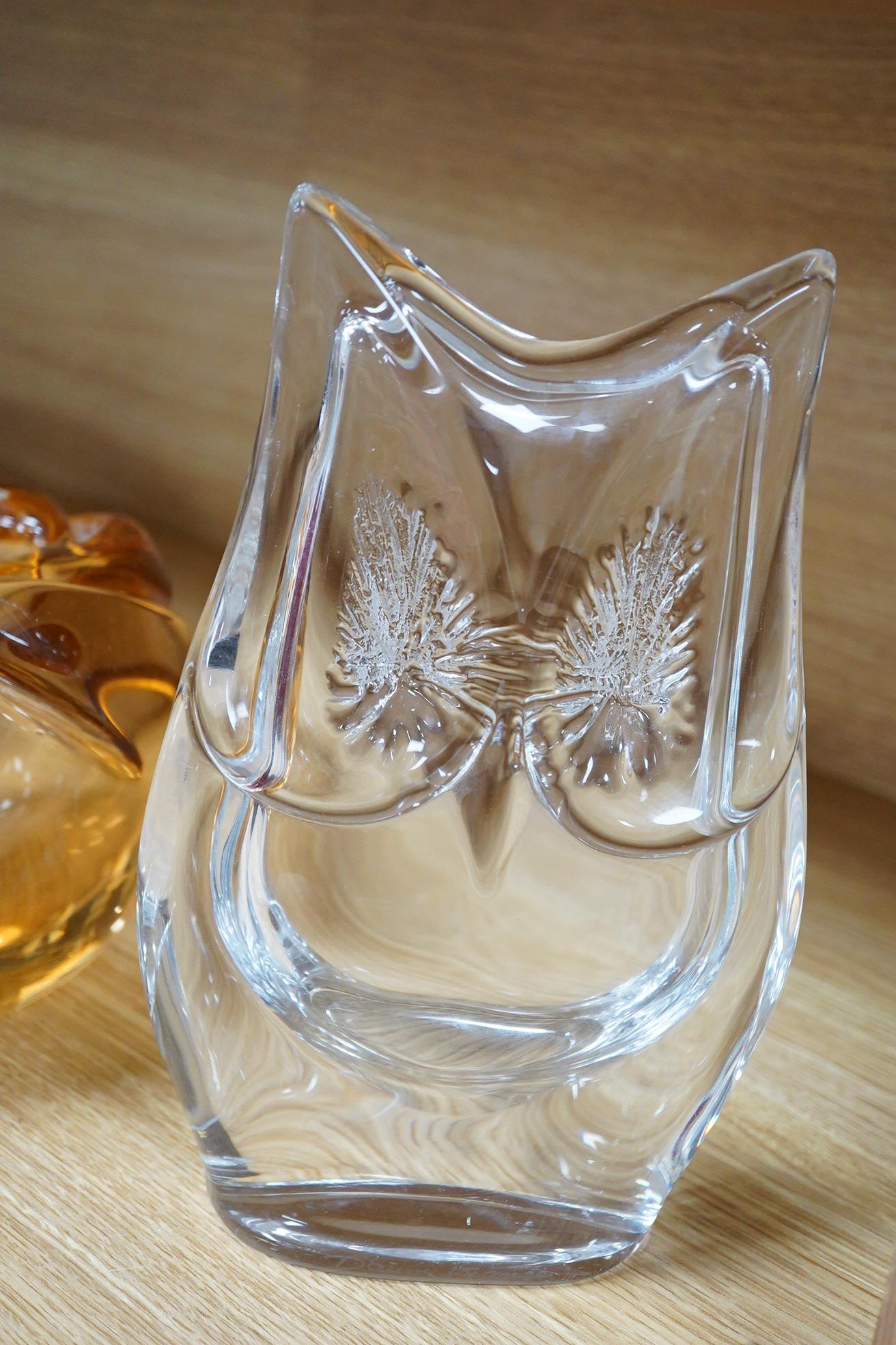 A Daum Nancy orange glass vase and a statue of an owl, largest 24cm high